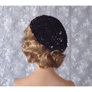 Antique 1920s Black Sequin Beret Flapper 20s Jazz Age Louise Brooks Italian Made